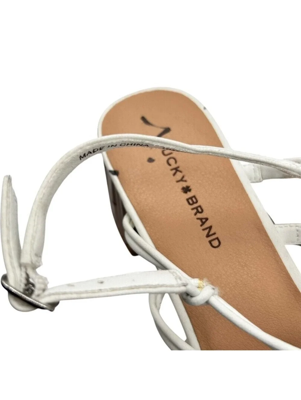 Lucky Brand Bassie White Strappy Knotted Bamboo Block Heel Sandal Women Size 10M